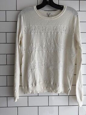 Joie Ivory Long Sleeve Lace-Striped Sweater Top